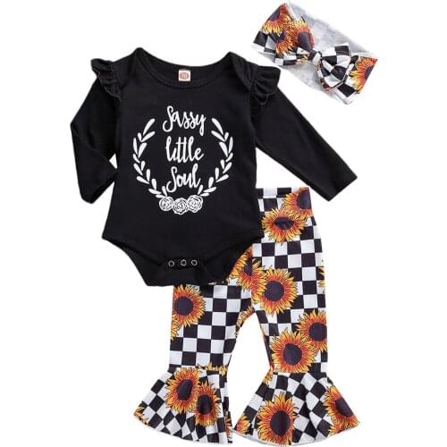 Baby Girls Clothes Set Long Sleeve Letters Tops with Ruffle + Sunflower Print Flare Pants + Headband for Spring