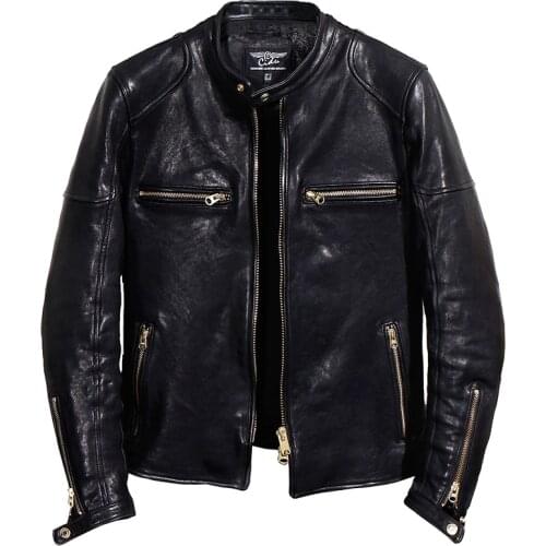 Free shipping.Biker Quality quality Italy oil tanned leather jacket.black thick luxury sheepskin coat.vintage slim clothes