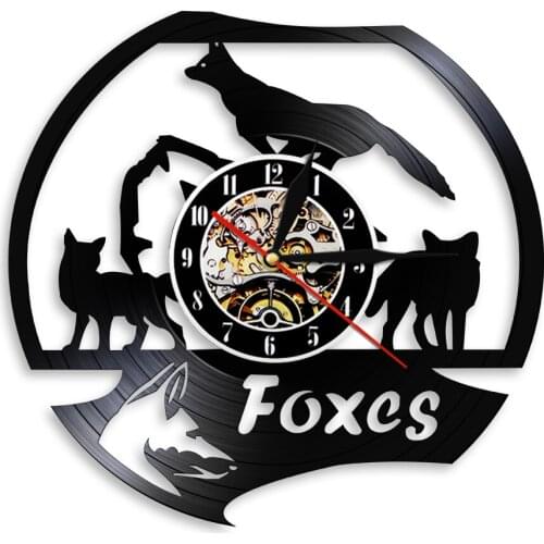 Foxes Lovely Animal Theme Vinyl Record Wall Clock Vintage Wall Hanging Art LED Light Clocks Home Decorative Watch Non-Ticking