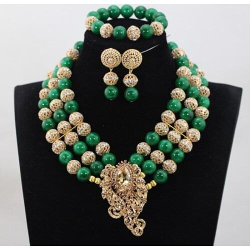Latest Greenery African Beads Nigerian Wedding Jewelry Sets Green Costume Women Brooch Chunky Necklace Set Hot WD976