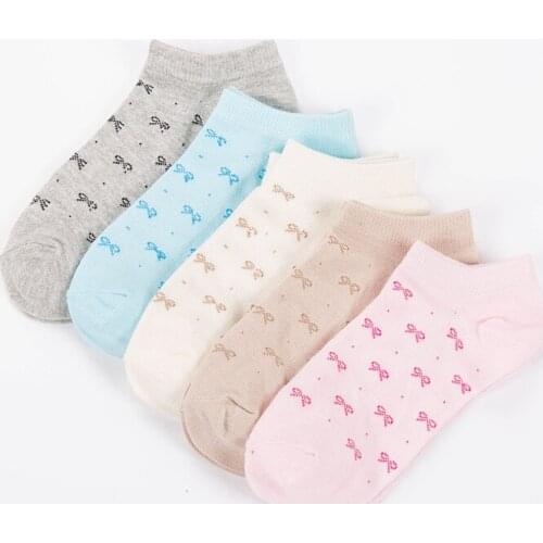 2017 New Spring / Summer girls socks style Cotton Bow print Fashion women Socks women Boat Socks 5 pair/lot