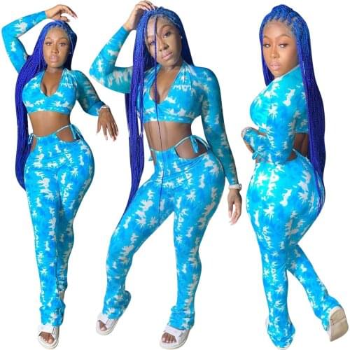 2021 Autumn Printed 2 Piece Set Women High Waist Hollow Pants Crop Top Jogger Bule Suits Nightclub Party Outfits