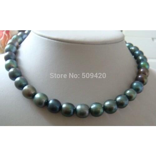 ~~ Free Shipping >>natural 10-12mm tahitian peacock green pearl necklace 18inch