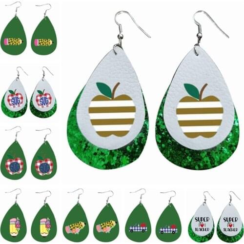 Super Leopard Pencil Earrings Striped Apple Earrings Teacher Life Earrings Green Glitter Layers Leopard Faux leather Earring