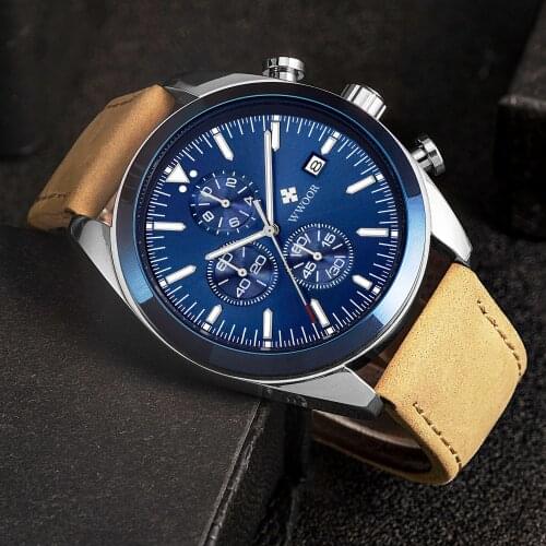 WWOOR 2021 Top Brand Men Leather Chronograph Watch Waterproof Luxury Silver Blue Fashion Sports Quartz Wristwatches Montre Homme