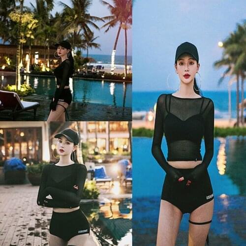 Women Sweet Mesh Perspective Two-Piece Swimming Wear High Split Elastic Waist Long Sleeve Three-Piece Sports Sunscreen Swimsuit