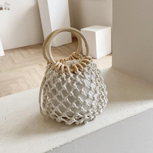 Handmade Womens Handbags Knitted Mesh Bag Bohemian Hollow Bucket Bag Summer Straw Beach Bags Female Wooden Handle Travel Tote