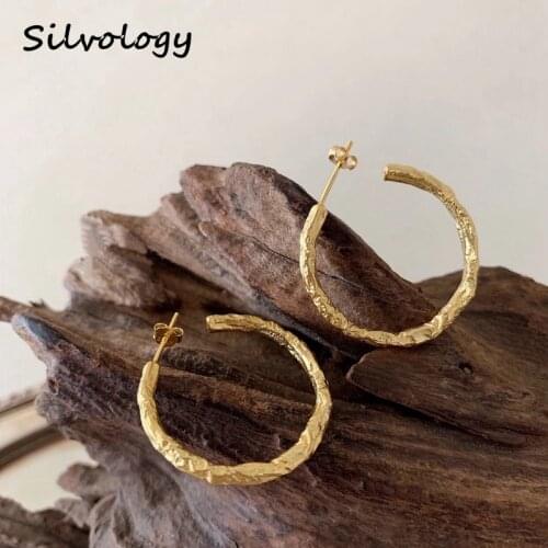 Silvology 925 Sterling Silver C shape Big Earring Gold Irregular Foil Paper Exaggeration Earrings for Women Fashion Jewelry Gift