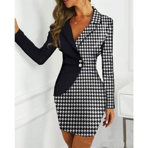 Women Fashion Long Sleeve V Neck Patchwork Button Slim Houndstooth Short Dresses Female Clothing