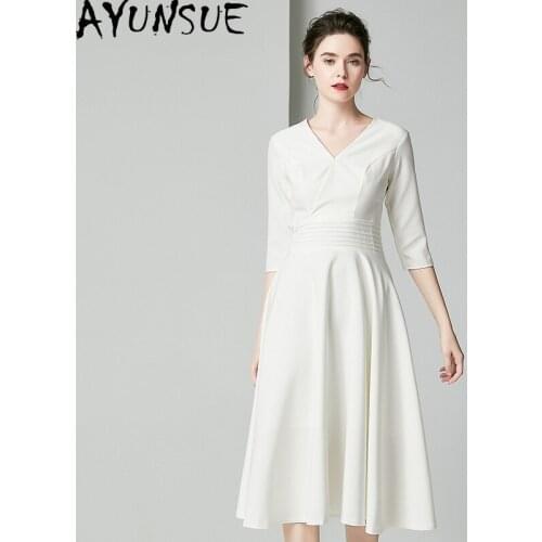 AYUNSUE Spring Summer White Dress 2021 Female High Waist Elegant Vintage Dresses for Women Clothes Slim Midi Dress Ropa Mujer