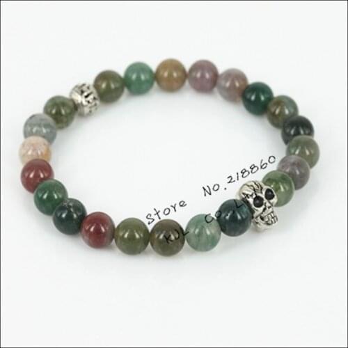 1pcs Natural 8mm Indian stone beads charm women bracelet fashion skull head gem stone beads mens bracelet
