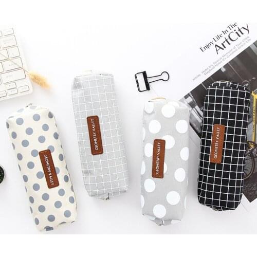 1 Pcs Simple Canvas Round Plaid Pencil Case Storage Organizer Pen Bags Pouch Pencil Bag Pencilcase School Supply Stationery