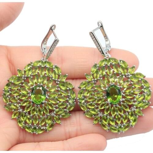 52x35mm Anniversary Long Big 26g Created Green Peridot Bright Zircon Women Wedding Silver Earrings