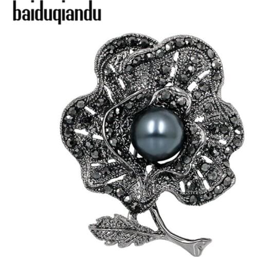 Baiduqiandu New Arrival Black Crystal Rhinestones and Simulated Pearl Flower Brooches for Fashion Women Costume Accessories