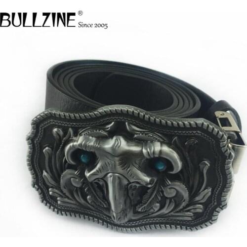 Bullzine zinc alloy retro western sheep head belt buckle jeans gift buckle pewter finish free PU belt FP-03629 drop shipping