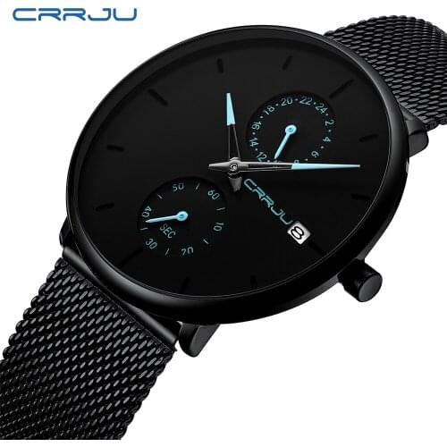 CRRJU 2019 Fashion Dress Men Watch Business Simple Quartz Watches Mens Black Mesh Waterproof Casual Wristwatch for Man Clock