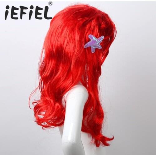 Kids Girls Princess Dress up Wigs Hair with Starfish Hair Clip Headwear Halloween Cartoon Cosplay Costume Mermaid Accessories