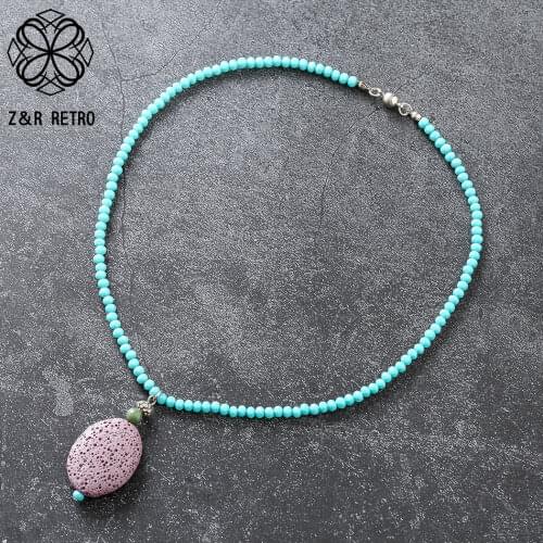 Long Necklace Jewelry For Women Oval Bohemian Colored Handmade Lava Stone Statement Rope Chains Pendants Suspension Decoration