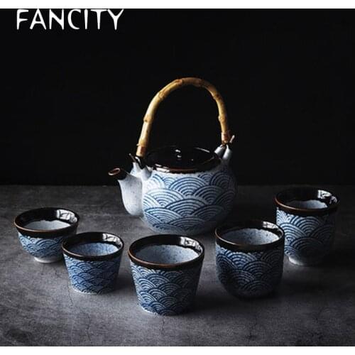 FANCITY Japanese tableware household ceramic teapot tea cup sea ripple Japanese cuisine teapot cup retro and Feng Shui