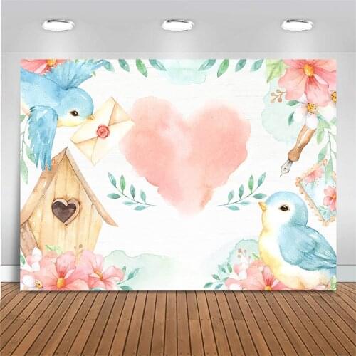 Mocsicka Valentines Day Backdrop Decor Photo Studio Pink Heart Flower Wedding Anniversary Background Photocall Bird Wooden House