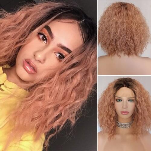 Krismile Ombre Peach Pink Curl Wigs for Women High Temperature Fiber Synthetic Lace Front Wig Cosplay Daily Party Drag Queen