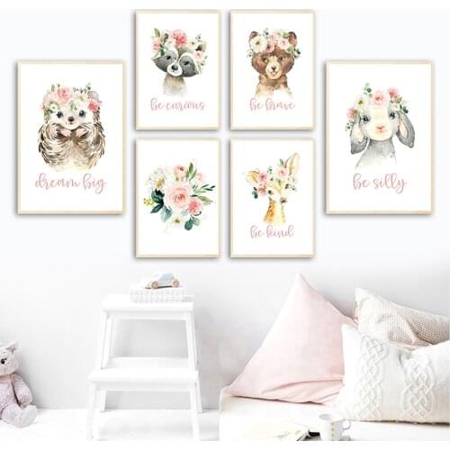 Cute Hedgehog Raccoon Sheep Bear Deer Flowers Wall Art Canvas Painting Nordic Posters And Prints Wall Pictures Kids Room Decor