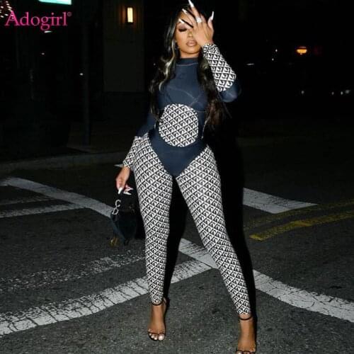 Adogirl Fashion Print Patchwork Jumpsuits for Women 2021 Autumn Long Sleeve Casual Overalls Skinny Stretchy Sport Fitness Romper
