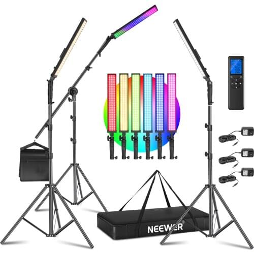 Neewer 2.4G RGB LED Light Stick, 3-Pack Photography Lighting Kit with Remote Control, Dimmable 3200k~5600K with Stand, Boom Arm