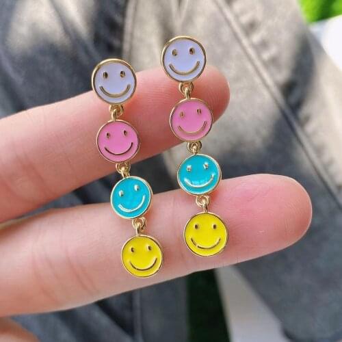 New Arrived Fashion Jewelry Gold Color Rainbow Enamel Smile Smiley Face Charm Dangle Earring Colorful Jewelry