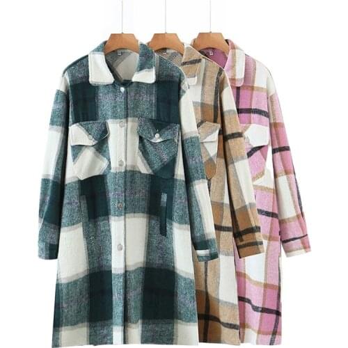 Autumn Winter Women Plaid Long Sleeve Woolen Coats Female Streetwear Fashion Loose Outwear Elegant Top Girls Casual Jacket