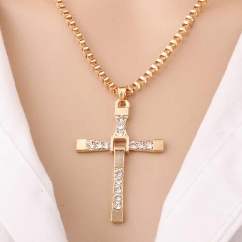 Classic Gold tone Box Chain Necklaces & Cross Pendants Movie Rhinestone Cross Charm Necklace Furious Toretto Women Men Jewelry