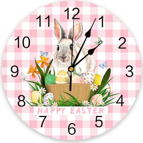 Easter Bunny And Egg Plaid Wall Clock For Modern Home Decoration Teen Room Living Room Needle Hanging Watch Table Clock