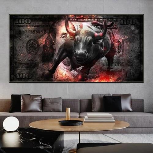 Modern Large Dollar Bull Canvas Posters Print Dollar Bull Statue Pop Wall Art Painting Motivational Art Pictures Home Decor