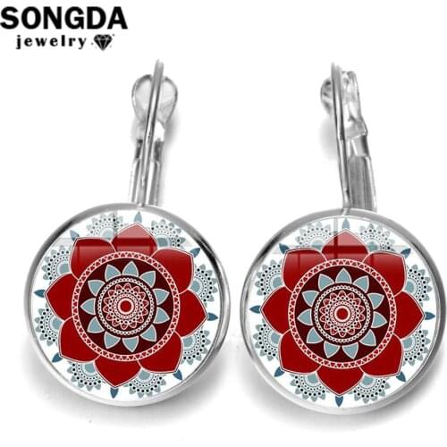 SONGDA Hippie Boho India Mandala Earrings Colorful Geometric Flower Drop Earrings for Women Silver Plated Glass Cabochon Jewelry