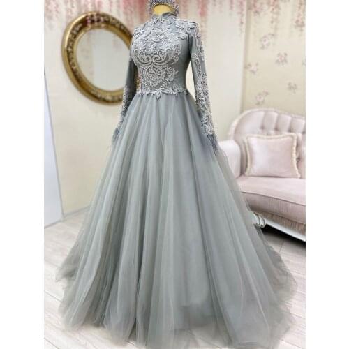 Grey Appliques Lace Beaded Long Sleeve Muslim Prom Dresses Formal Evening Party Gowns Saudi Arabia Dubai Robe