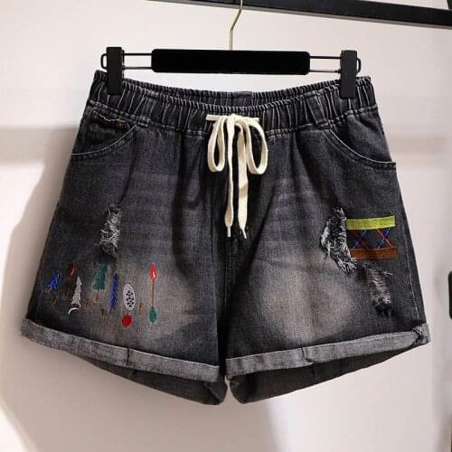 Summer denim shorts women plus size waist 97-147cm hip 155cm 5XL 6XL 7XL 8XL 9XL ripped embroidered shorts women black color