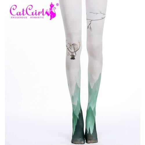 RUIN Womens tights Womens Pantyhose Chinese style Green Hill Green Water Bird Printed Tights Girls Tights