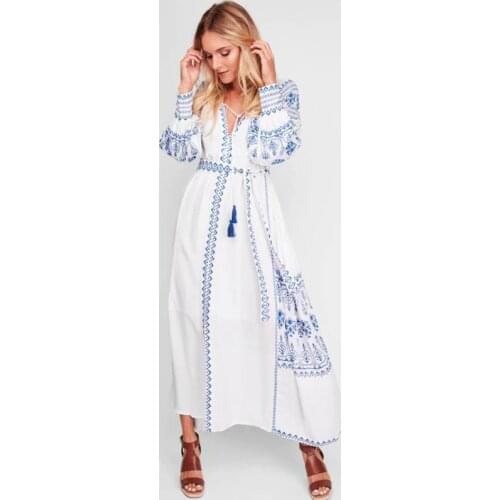 Boho Dress Women 2020 Cotton Floral Embroidery Summer Dress Long Sleeve V-Neck Sashes Loose Casual White Dress Cardigan Vestidos