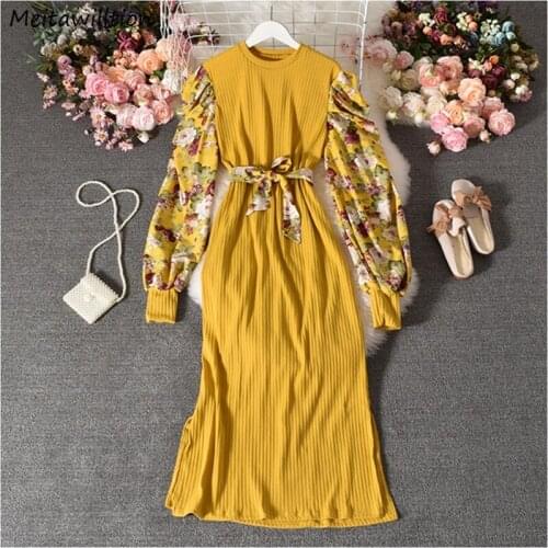 2021 Korean High Quality Women Knitted Dress Ladies Floral Long Sleeve Pleated Dress Female Thin Autumn Winter Maxi Dress