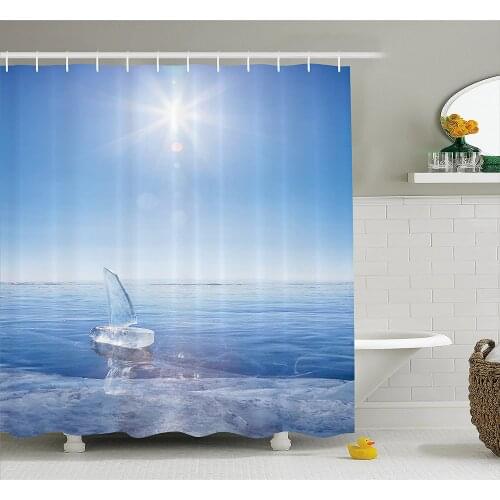 Winter Shower Curtain ICY Boat in Sunny Weather Open Sky Cool Blue Toned Photograph Print Waterproof Polyester Bath Curtains