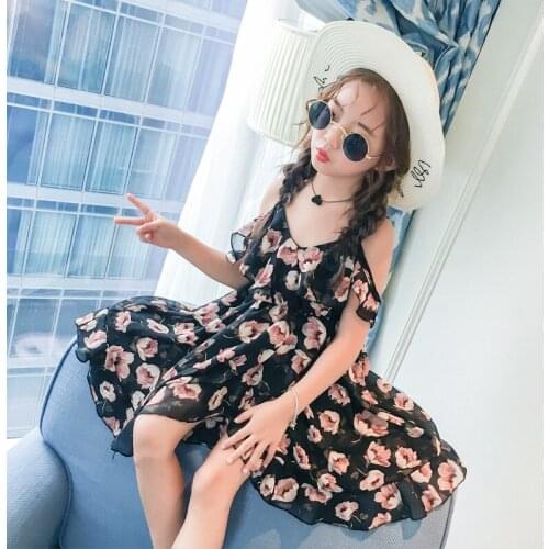 2017 Children Girl Summer Floral Dress,big Girls Beach Chiffon Princess Dresses,kids Fashion Clothing 4-14T