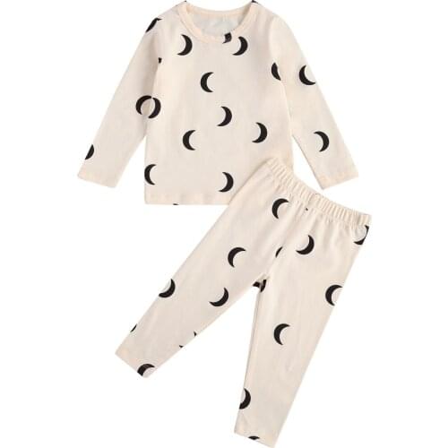Baby Print Pullover Childrens Two Piece Pajamas, Star Moon Dot Heart Pattern Crew Neck Long Sleeve Suit Kids 1-4 Years