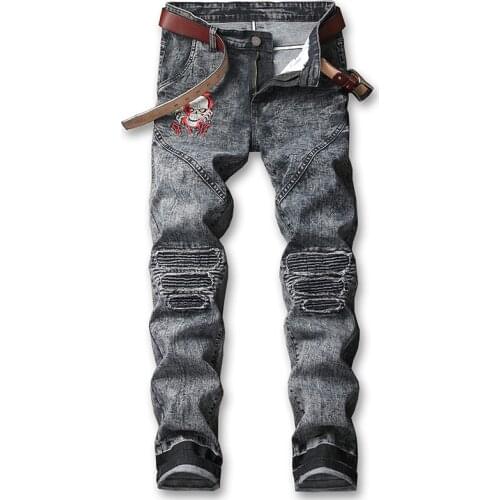 High Street Loose Men Jeans Black Ripped Jeans Men Embroidery Denim Pants Paint Hole Hip Hop Elasticity Trousers