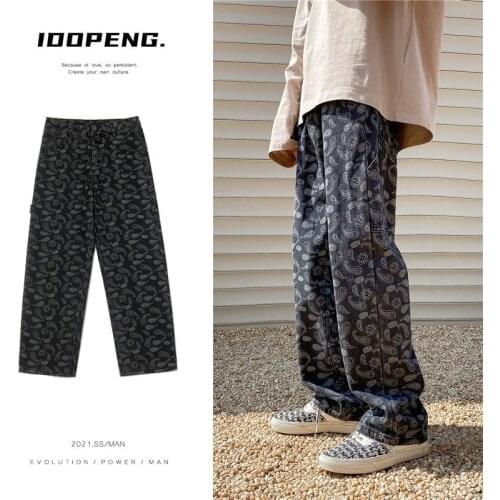 Spring Summer Jeans Trend Printed Cashew Flower Streetwear Men Casual Straight Wide-leg Pants Loose Hip-hop Denim Trousers Thin