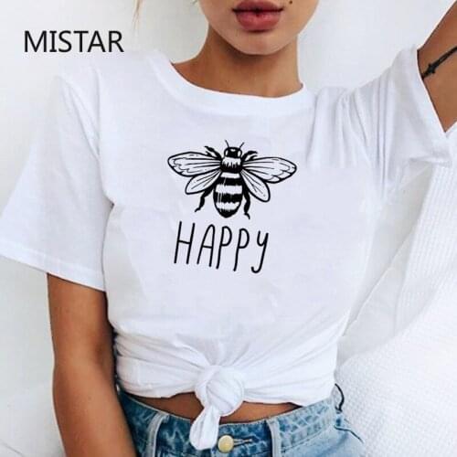 Bee Happy Letter Printed Summer Harajuku T Shirt Women Casual White Tops Fashion Casual T Shirt Short Sleeve Graphic Tees Women
