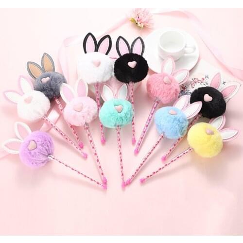 1X Cute Pink Heart Rabbit Ear Hairball Gel Pen Writing Signing Pen School Office Supply Kids Gift Stationery 0.5mm Black Ink