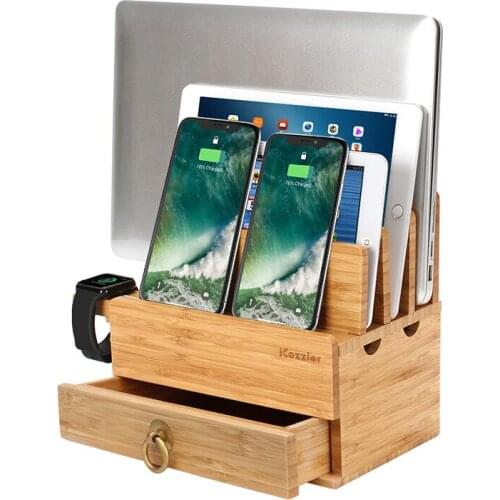ICozzier 4 Slots Removable Bamboo Watch Stand With Drawer Multi-device Charging Station for iWatch,Smartphones,Tablets,Laptops