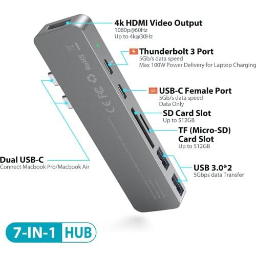 Dodocool USB-C Hub Aluminum Alloy 7-in-1 Hub Dual USB-C 4K USB C to HD SD/TF Card Reader USB 3.0 Type-C Ports MacBook Pro