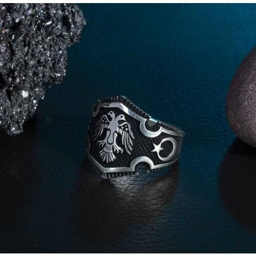 Moon Star Motif Silver Men Ring Turkish Men Accessories Two Eagle Head Silver Ring Gerat Seljuk Emparie Model Ring