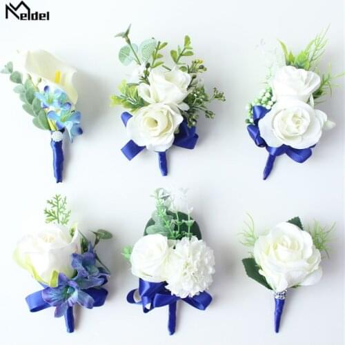 Meldel Corsage Men Wedding Boutonniere Bridal Wrist Corsage Bracelet White Blue Groomsmen Lapel Pin Party Meeting Flowers Decor